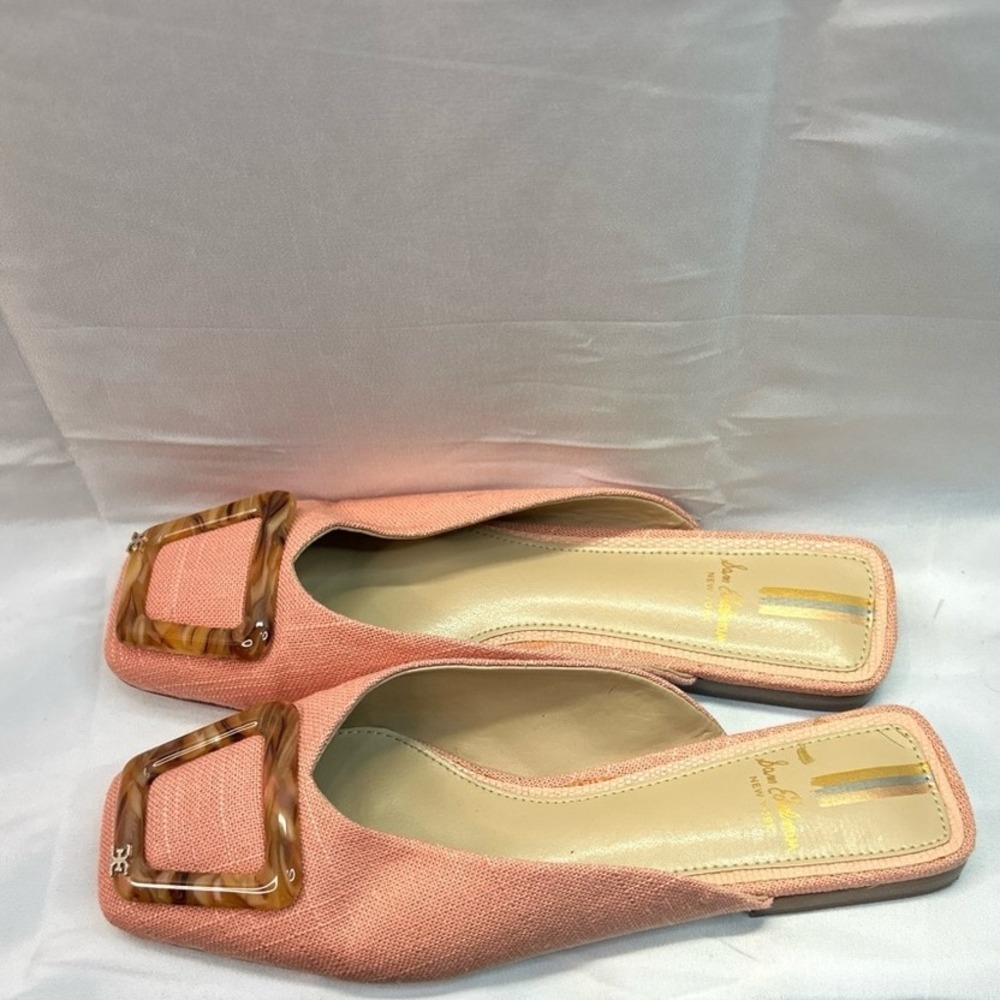 Sam Edelman Aris Mules Size 6 Coral Pink Raffia Tortoise Buckle Square Toe Flats - Picture 3 of 11